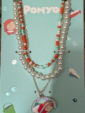 Hot Topic Ponyo Layered Necklace in Coral, Aqua & Pearl